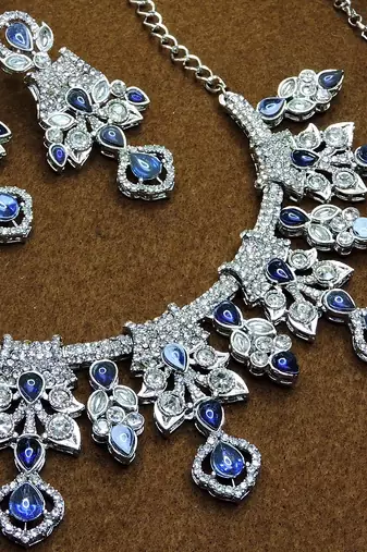 Blue rhodium premium designer american diamond and stone work necklace set