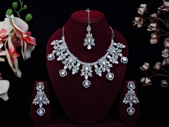 Pink rhodium premium designer american diamond and stone work necklace set 1