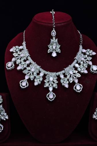 Pink rhodium premium designer american diamond and stone work necklace set
