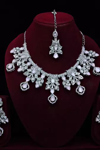 Pink rhodium premium designer american diamond and stone work necklace set