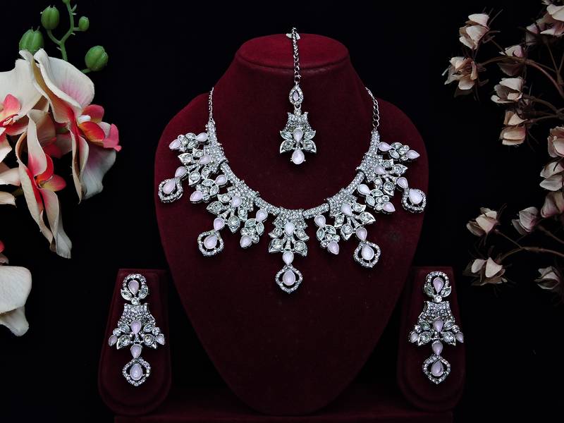 Pink rhodium premium designer american diamond and stone work necklace set