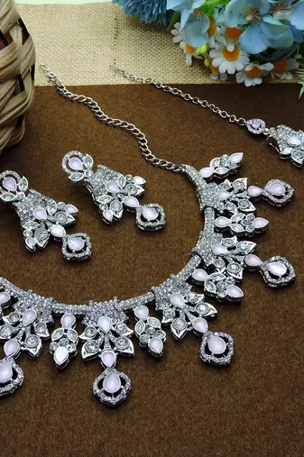 Pink rhodium premium designer american diamond and stone work necklace set