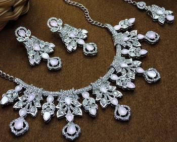 Pink rhodium premium designer american diamond and stone work necklace set 3