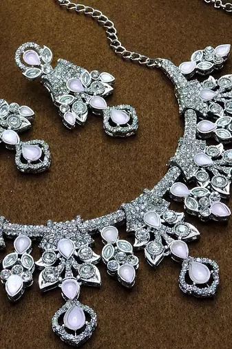 Pink rhodium premium designer american diamond and stone work necklace set