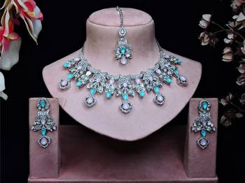 Green rhodium premium designer american diamond and stone work necklace set 1