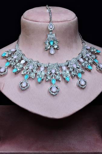 Green rhodium premium designer american diamond and stone work necklace set