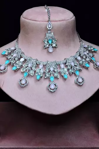 Green rhodium premium designer american diamond and stone work necklace set