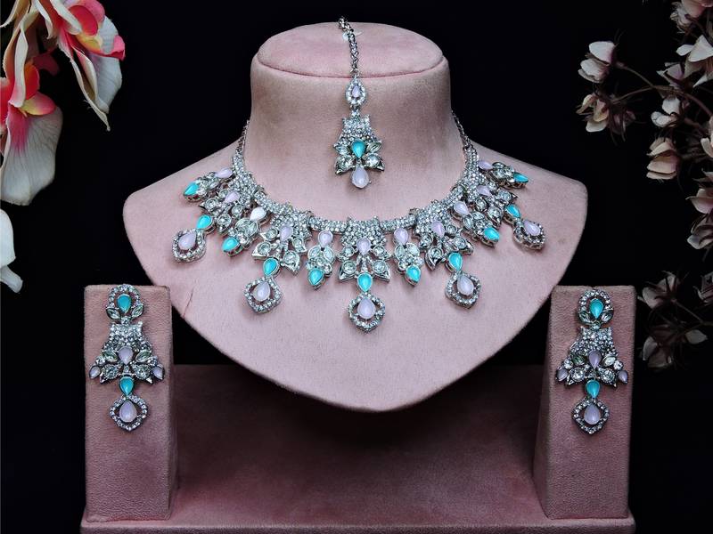 Green rhodium premium designer american diamond and stone work necklace set