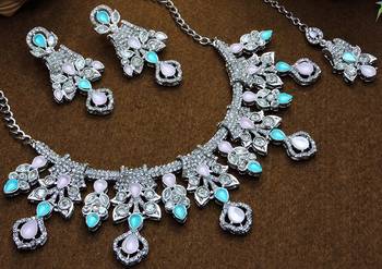 Green rhodium premium designer american diamond and stone work necklace set 2