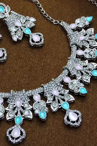 Green rhodium premium designer american diamond and stone work necklace set