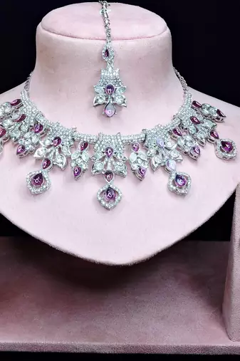Purple rhodium premium designer american diamond and stone work necklace set