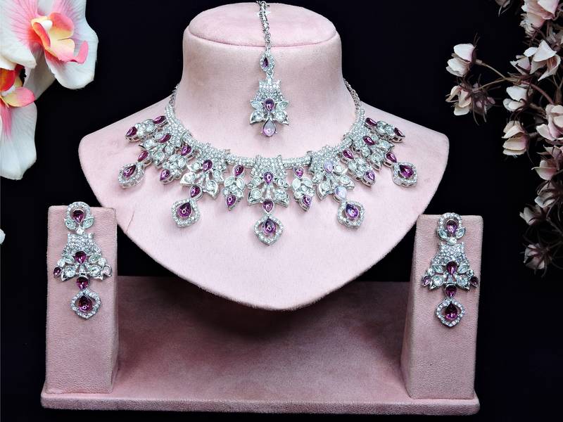 Purple rhodium premium designer american diamond and stone work necklace set