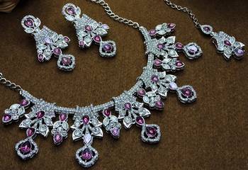 Purple rhodium premium designer american diamond and stone work necklace set 2