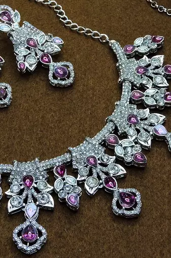 Purple rhodium premium designer american diamond and stone work necklace set