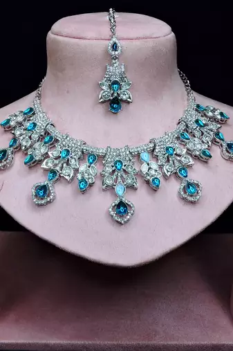 Blue rhodium premium designer american diamond and stone work necklace set