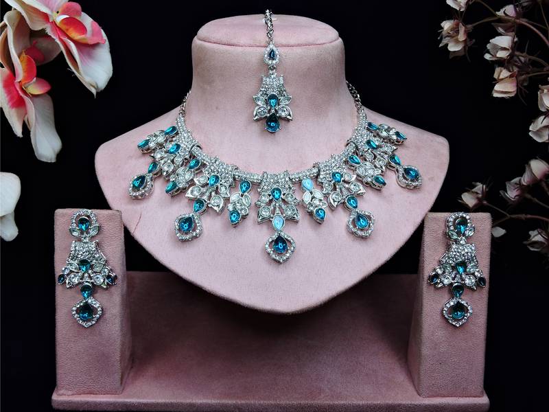 Blue rhodium premium designer american diamond and stone work necklace set