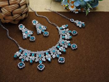 Blue rhodium premium designer american diamond and stone work necklace set 2