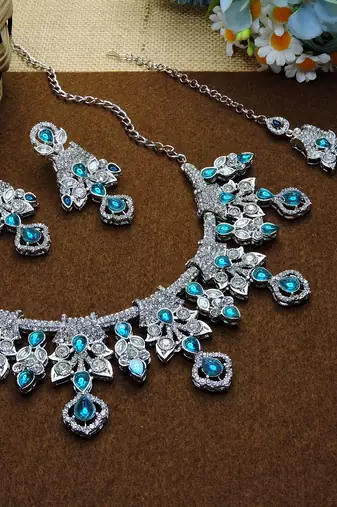Blue rhodium premium designer american diamond and stone work necklace set