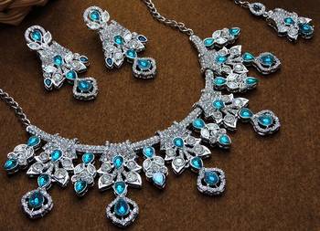 Blue rhodium premium designer american diamond and stone work necklace set 3