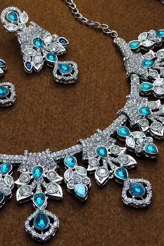 Blue rhodium premium designer american diamond and stone work necklace set