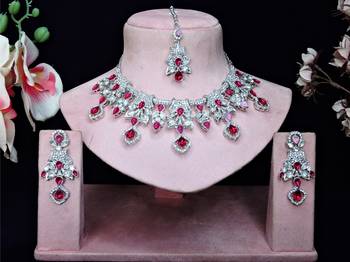 Pink rhodium premium designer american diamond and stone work necklace set 1