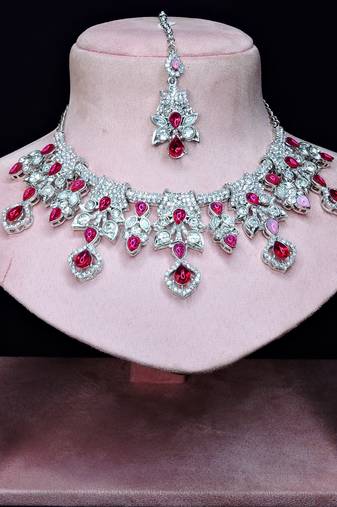 Pink rhodium premium designer american diamond and stone work necklace set