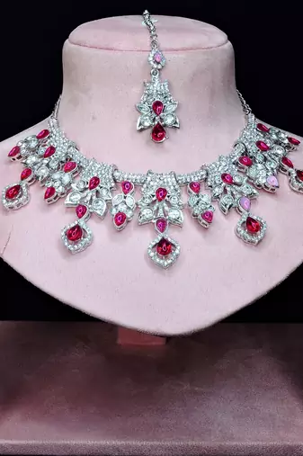 Pink rhodium premium designer american diamond and stone work necklace set