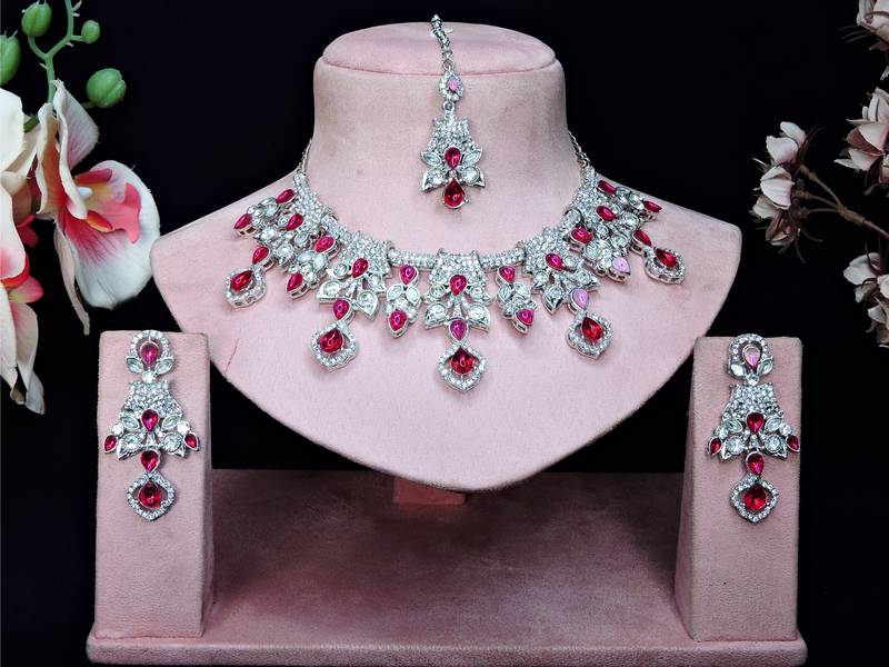 Pink rhodium premium designer american diamond and stone work necklace set