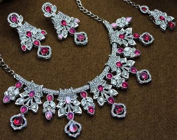 Pink rhodium premium designer american diamond and stone work necklace set 2
