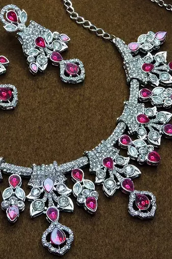 Pink rhodium premium designer american diamond and stone work necklace set