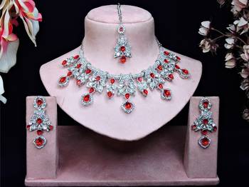 Red rhodium premium designer american diamond and stone work necklace set 1