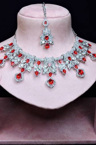 Red rhodium premium designer american diamond and stone work necklace set