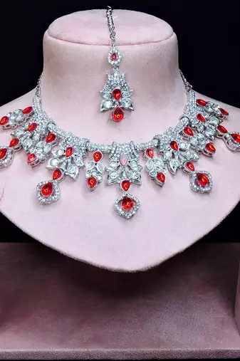 Red rhodium premium designer american diamond and stone work necklace set