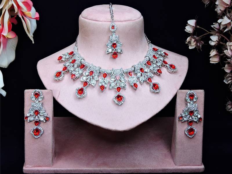 Red rhodium premium designer american diamond and stone work necklace set