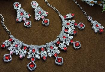 Red rhodium premium designer american diamond and stone work necklace set 2