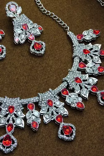 Red rhodium premium designer american diamond and stone work necklace set