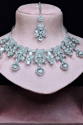 White rhodium premium designer american diamond and stone work necklace set