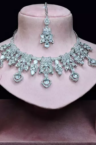 White rhodium premium designer american diamond and stone work necklace set