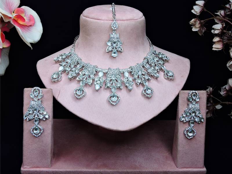 White rhodium premium designer american diamond and stone work necklace set