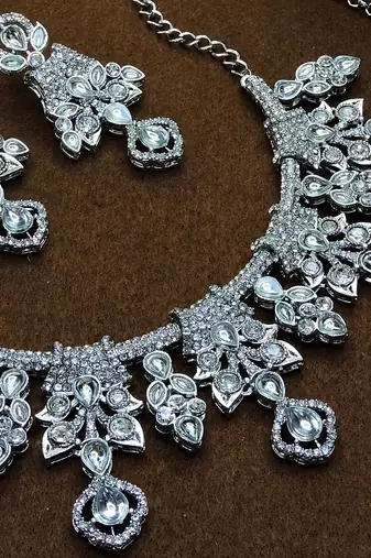 White rhodium premium designer american diamond and stone work necklace set
