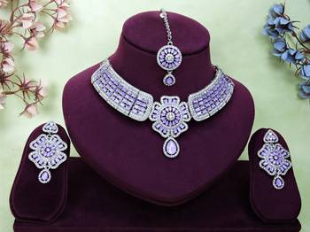 Purple rhodium premium designer american diamond and stone work necklace set 1