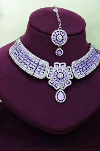 Purple rhodium premium designer american diamond and stone work necklace set