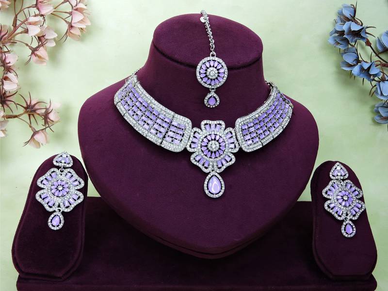 Purple rhodium premium designer american diamond and stone work necklace set