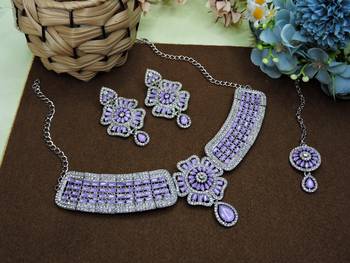 Purple rhodium premium designer american diamond and stone work necklace set 2