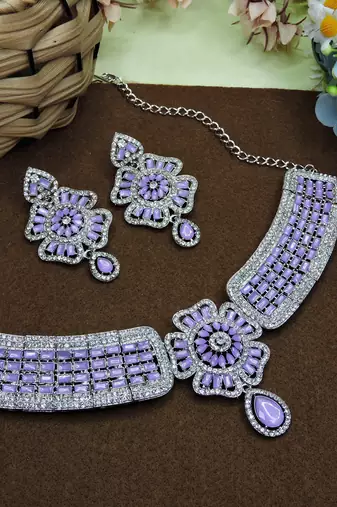 Purple rhodium premium designer american diamond and stone work necklace set
