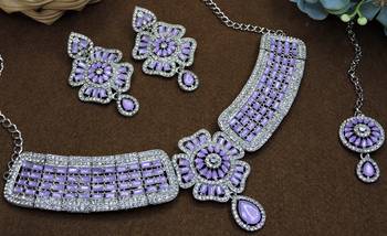 Purple rhodium premium designer american diamond and stone work necklace set 3