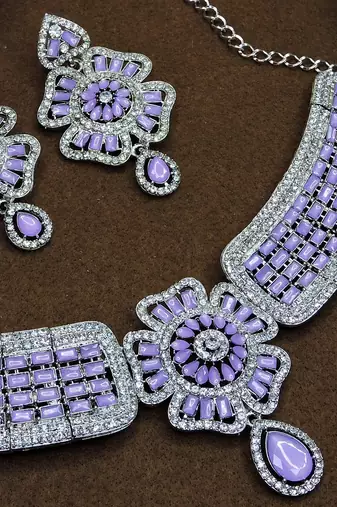 Purple rhodium premium designer american diamond and stone work necklace set