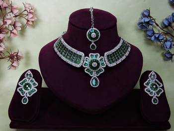 Green rhodium premium designer american diamond and stone work necklace set 1