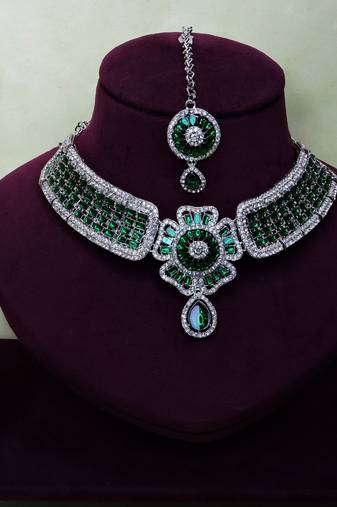 Green rhodium premium designer american diamond and stone work necklace set