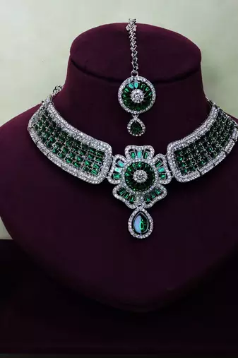 Green rhodium premium designer american diamond and stone work necklace set